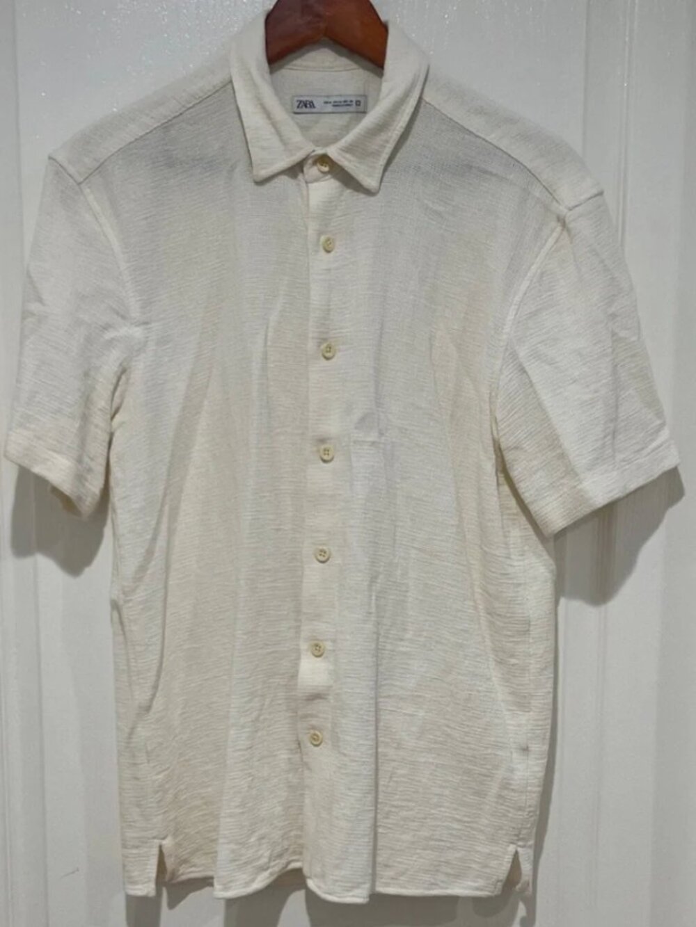 Zara Mens Spring Summer Off White Cream Short Sleeve Button Down Shirt